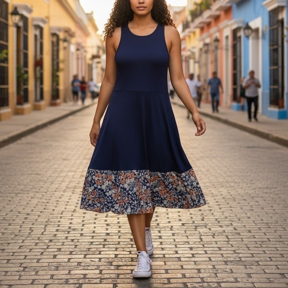 Hutch Navy Blue Butterfly Wing Print Hem Racerback Fit & Flare Dress 6 Whimsical
